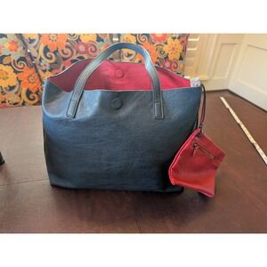 Blue Navy Vegan Leather Reversible Tote Bag Red with Matching Pouch